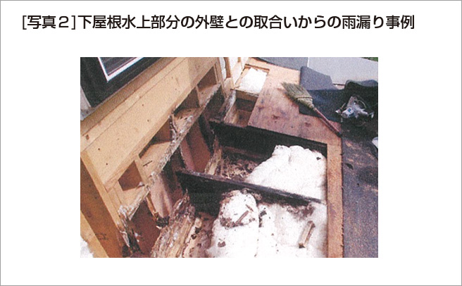 [写真２]下屋根水上部分の外壁との取合いからの雨漏り事例